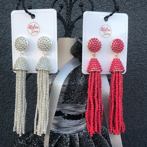 Beaded Tassel Drop Earrings Red Gold Hard Ware - Picture 3 of 3